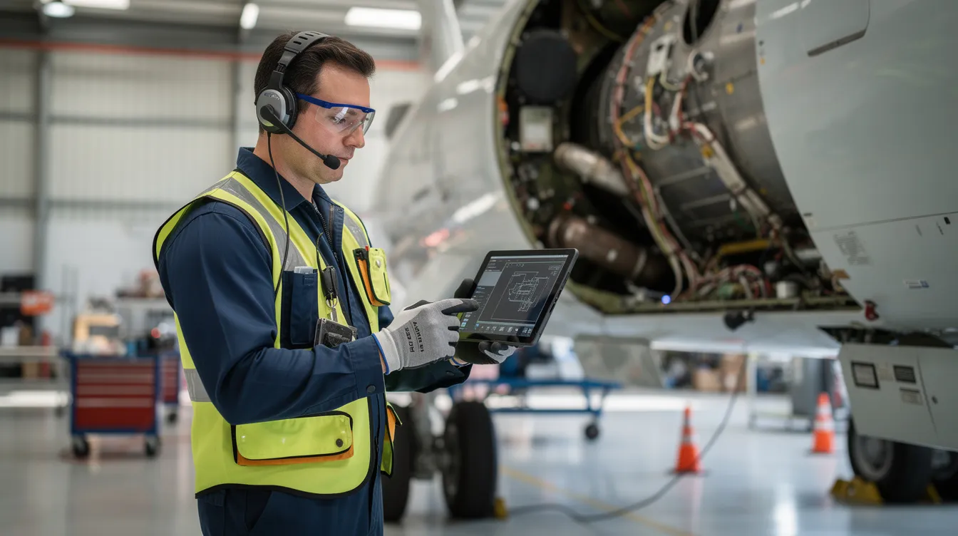 An aerospace technician is focused on a tablet device while working on an aircraft component, highlighting the integration of digital tools in the aerospace manufacturing process. This scene emphasizes the importance of technology in optimizing production processes and ensuring quality control in the aerospace industry.