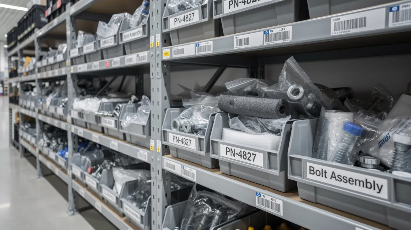 The image depicts an organized aerospace parts storage area featuring labeled bins and sealed components, emphasizing effective inventory management and high inventory accuracy. This setup aids in optimizing supply chain operations and maintaining customer satisfaction through efficient storage and retrieval processes.