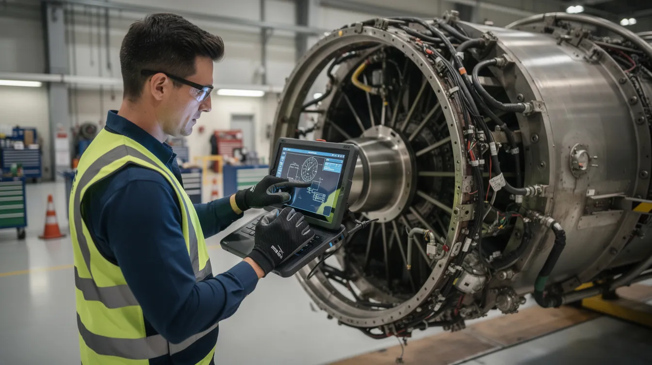A technician stands beside an aircraft component in a maintenance bay, using a tablet to access first article inspection software for the inspection process. This scene highlights the critical role of quality assurance in the aerospace industry, ensuring that all specification requirements are met during the manufacturing process.