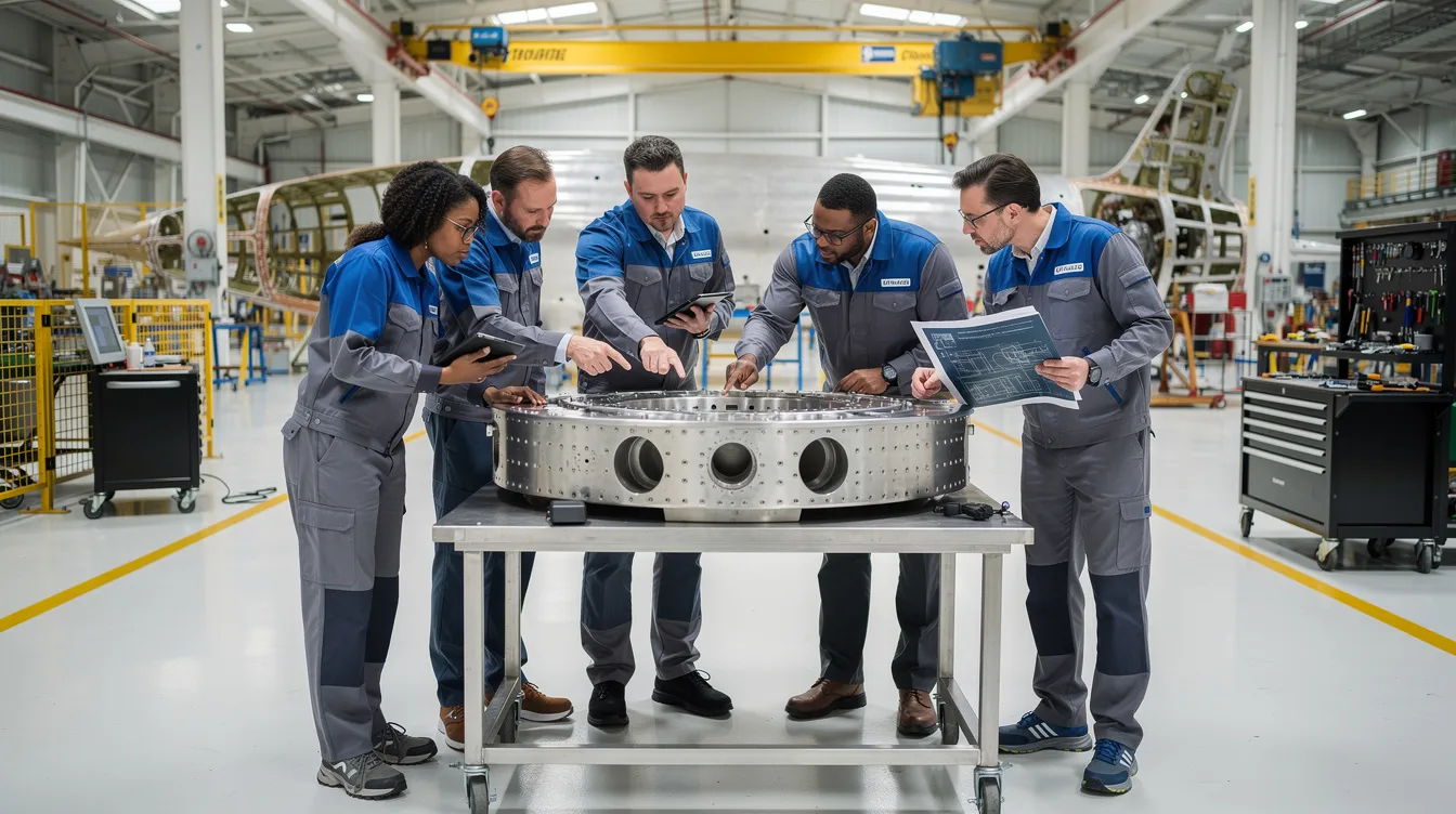 An aerospace production team is gathered on the shop floor, closely reviewing a component as part of the first article inspection process. They are engaged in a detailed examination to ensure that the component meets the specified requirements and quality assurance standards of the aerospace industry.
