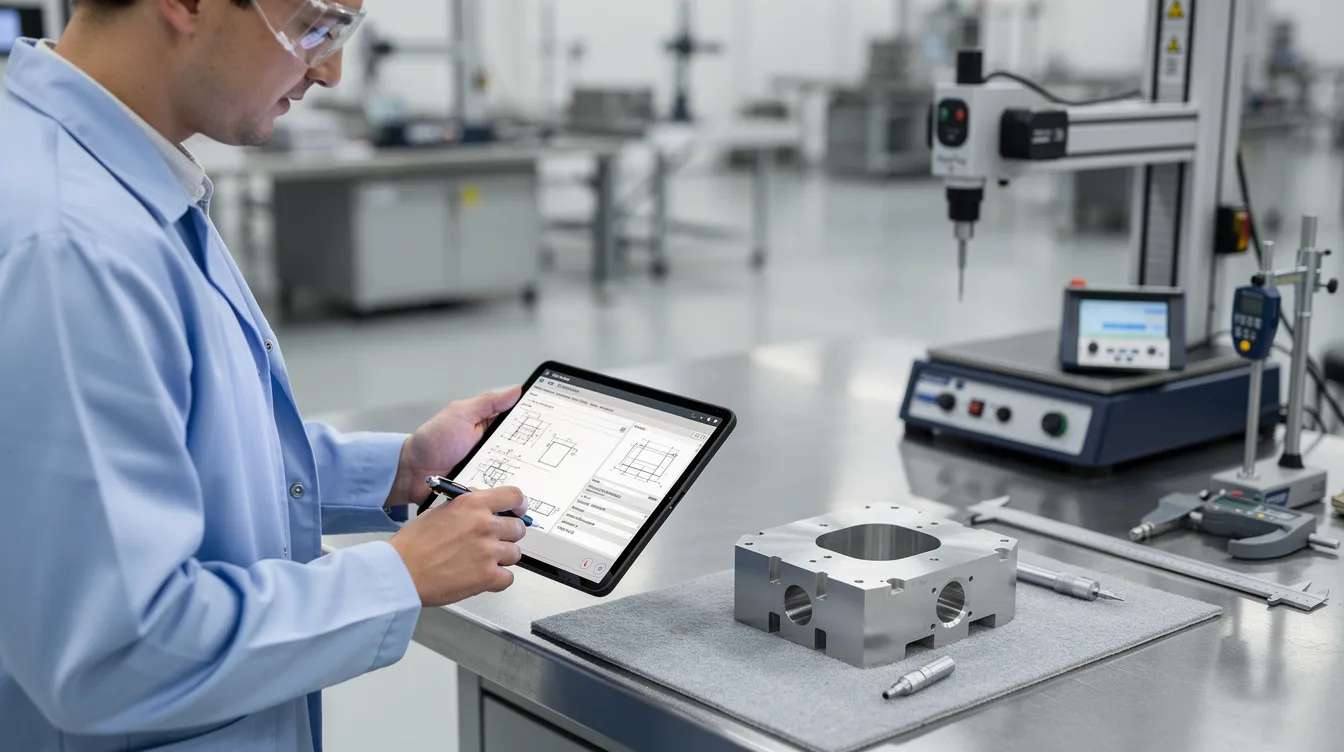 A quality inspector is reviewing a tablet that displays an article inspection report alongside a machined component and various inspection equipment. This scene highlights the importance of quality control in the manufacturing process, particularly in the aerospace industry, ensuring adherence to design specifications and customer requirements.