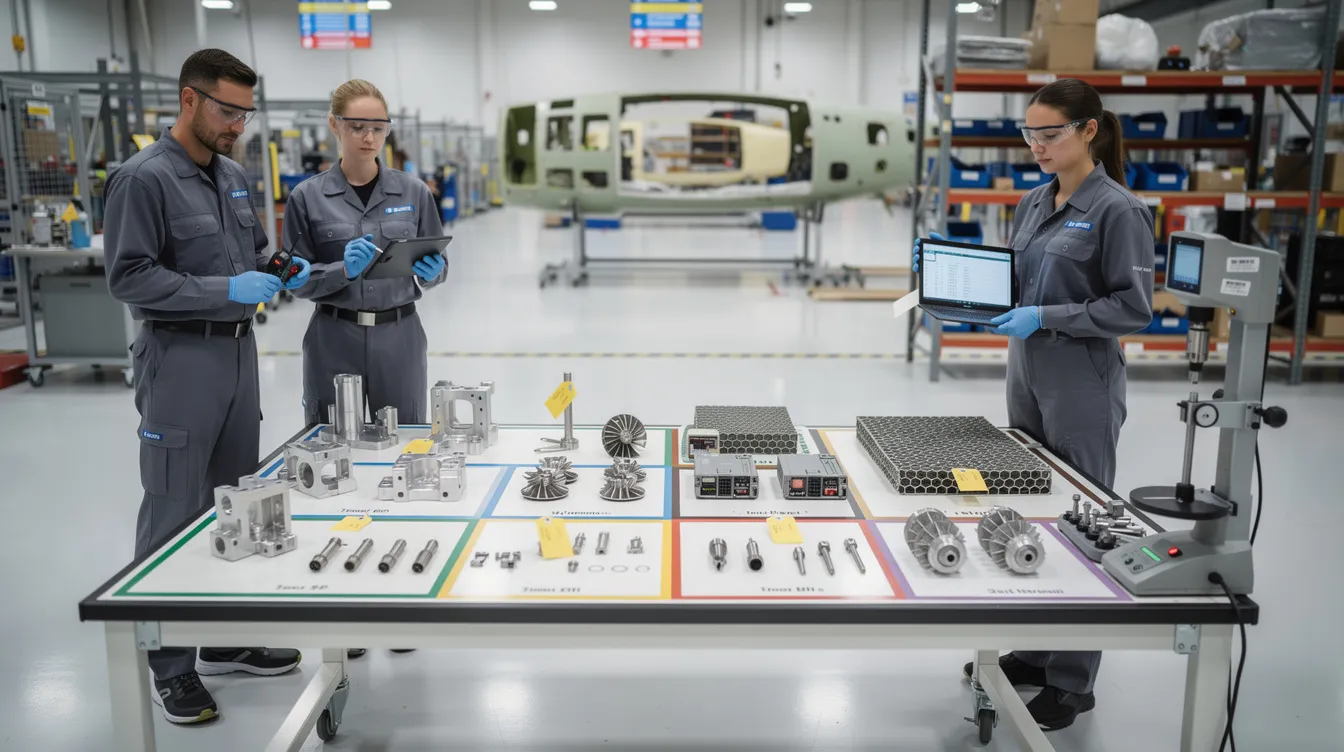 The image shows aerospace parts arranged on a segregated inspection bench, with technicians actively engaged nearby, ensuring compliance with established quality standards and conducting thorough inspections as part of the quality management system. This setting emphasizes the importance of quality assurance and the non conformance reporting process in maintaining high safety and quality standards in aerospace manufacturing.