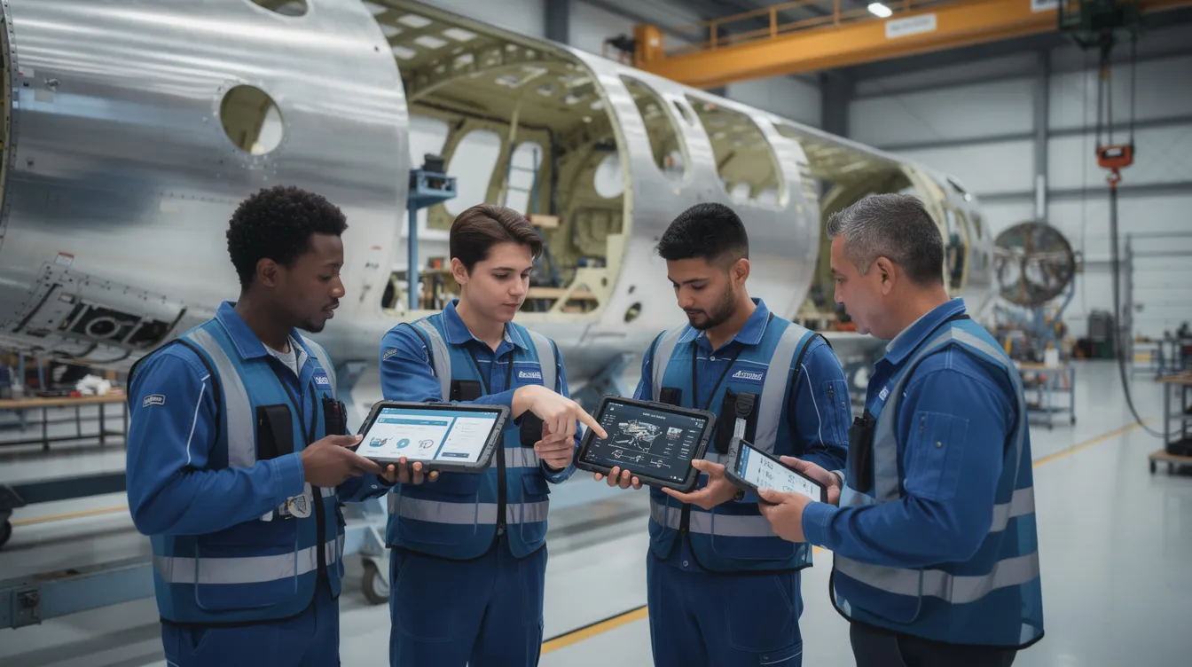 A diverse aerospace manufacturing team is gathered around aircraft components, intently reviewing a digital workflow on their tablets. They are focused on ensuring compliance with quality management systems and addressing any non-conformance issues through effective corrective and preventive actions.