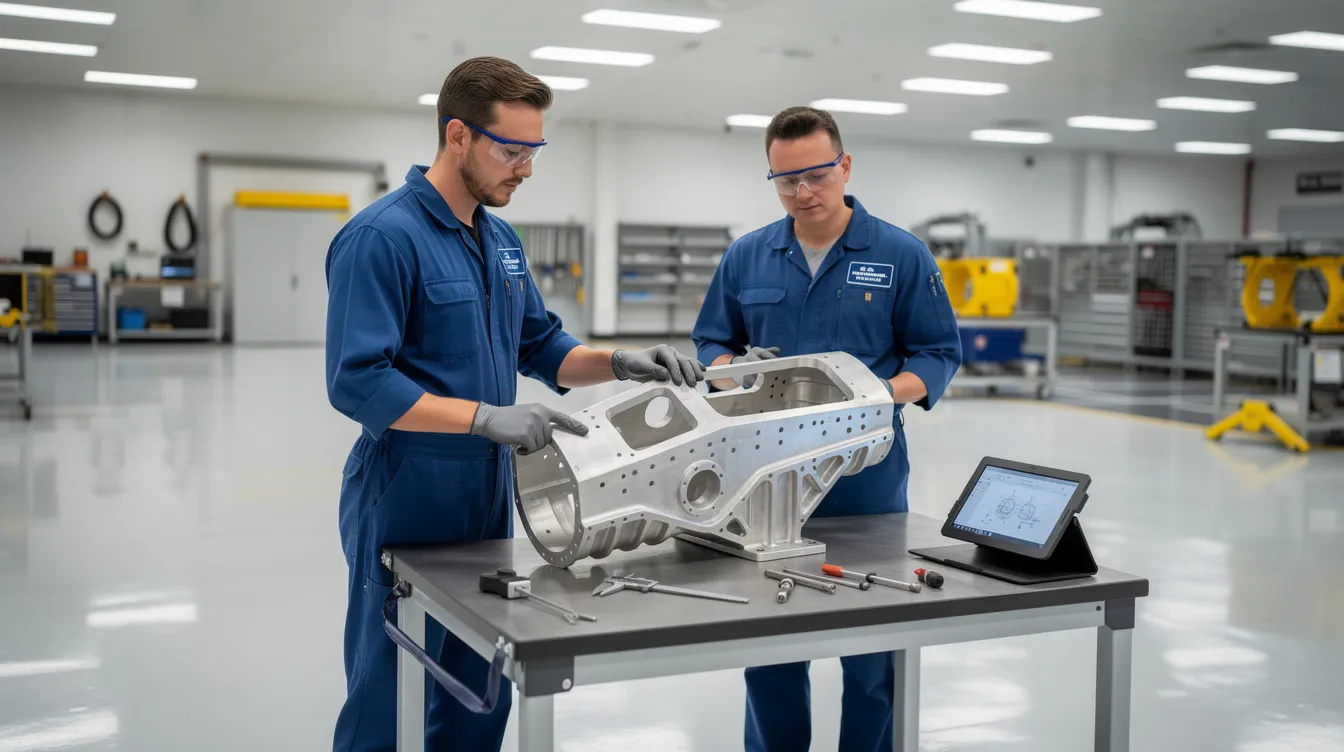 A group of aerospace technicians is gathered on a clean shop floor, closely reviewing a critical component as part of their quality control process. The environment reflects lean manufacturing principles, emphasizing operational excellence and continuous improvement efforts in their production line.