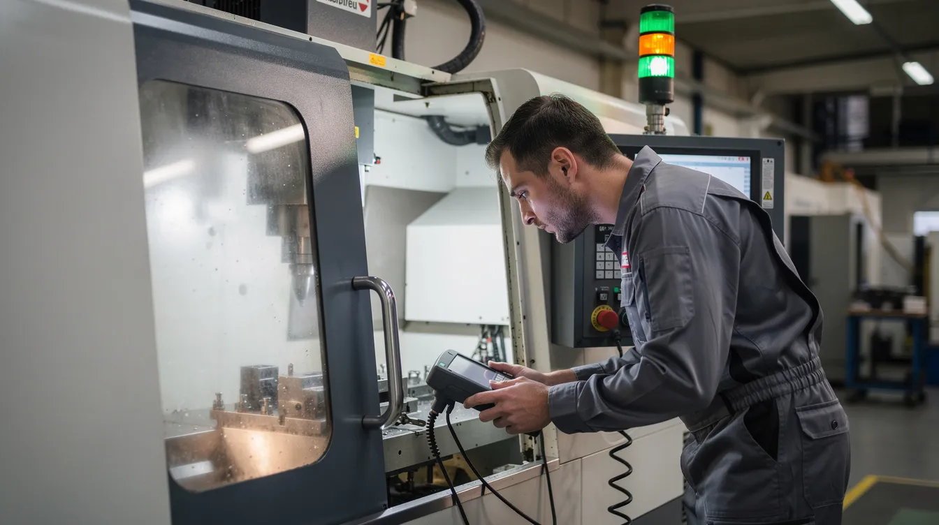 A maintenance technician is inspecting a machine tool on the production floor, with a nearby signal light indicating the status of the andon system. This visual management tool helps alert operators to any quality control issues or abnormalities that may arise during the production process.