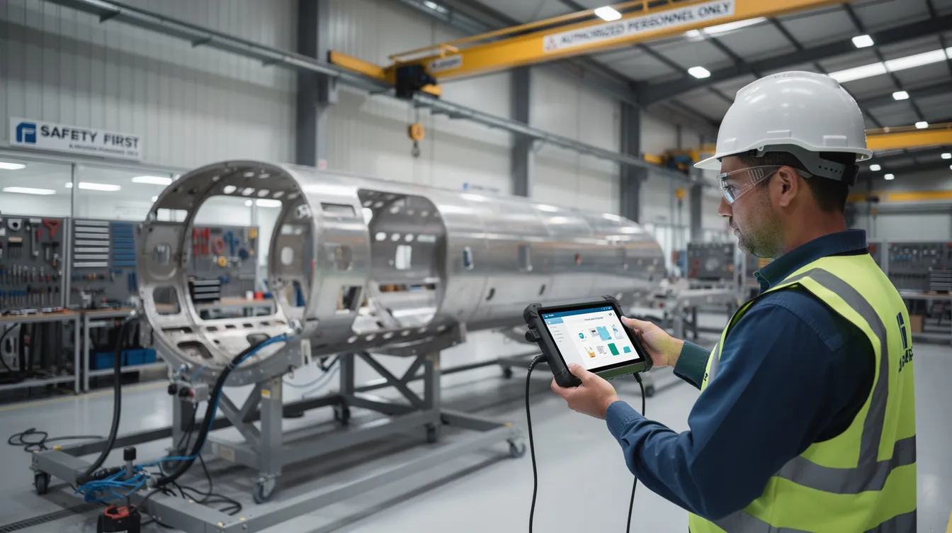 A factory operator is seen using a tablet while standing next to an aerospace assembly workstation, where they likely monitor quality management system processes and implement corrective actions to ensure compliance with industry-specific requirements. The operator's focus on continuous improvement and effective documentation highlights their role in maintaining product quality and customer satisfaction in the aerospace industry.