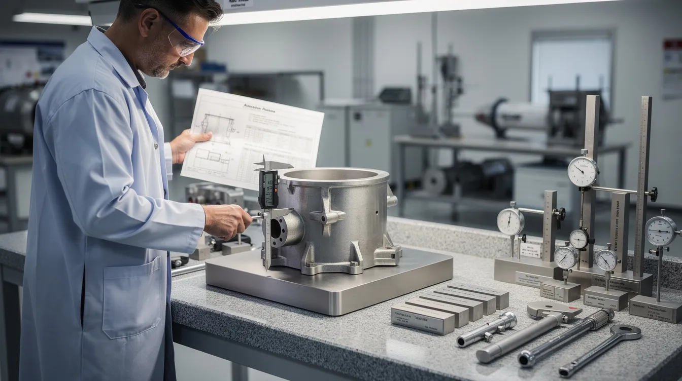 An inspector is carefully reviewing the measurements of an aerospace part while surrounded by calibrated tools, emphasizing the importance of quality management systems and regulatory compliance in the aerospace industry. This scene highlights the critical parameters necessary for ensuring product quality and customer satisfaction through effective corrective actions and continuous improvement processes.