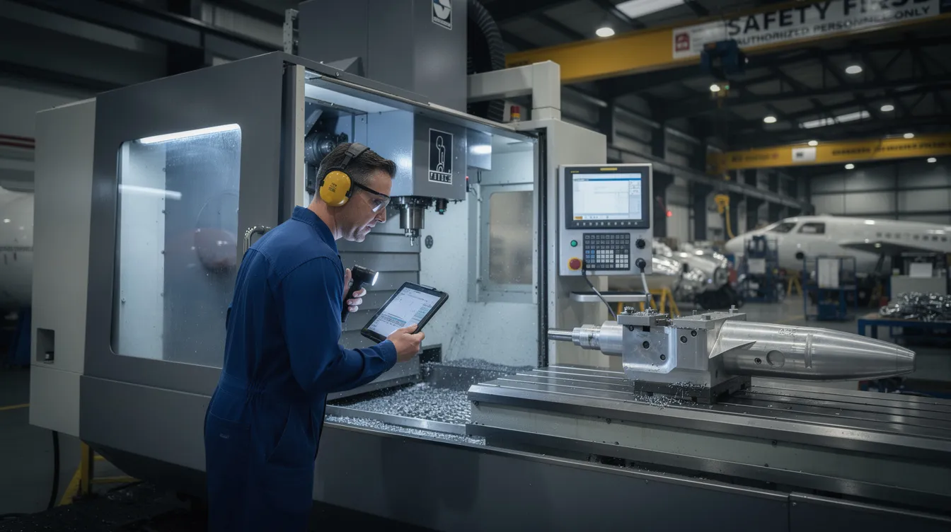 A maintenance technician is closely inspecting a large CNC machine within an aerospace factory, ensuring optimal performance and adherence to key performance indicators for manufacturing efficiency. The technician's focus on the equipment reflects the importance of maintaining production capacity and minimizing unplanned downtime in the manufacturing process.