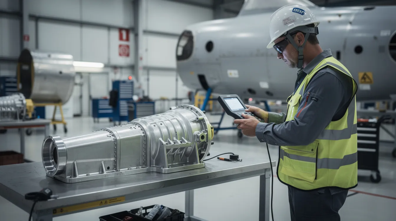 A quality inspector is closely examining an aircraft component using a handheld device to ensure it meets manufacturing quality control standards. This inspection is crucial for maintaining production efficiency and achieving key performance indicators in the manufacturing process.