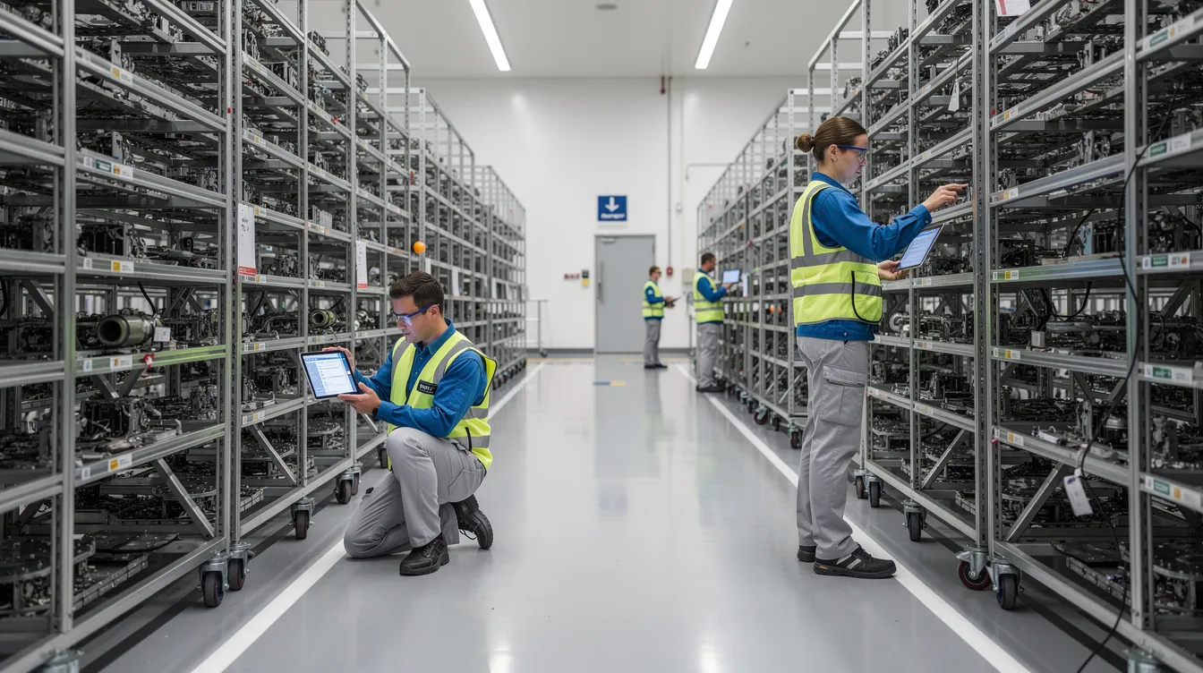 The image depicts aircraft component racks organized in a clean manufacturing area, where operators are utilizing tablets to monitor key performance indicators and enhance production efficiency. This setting highlights the importance of effective manufacturing processes and quality control in the manufacturing industry.