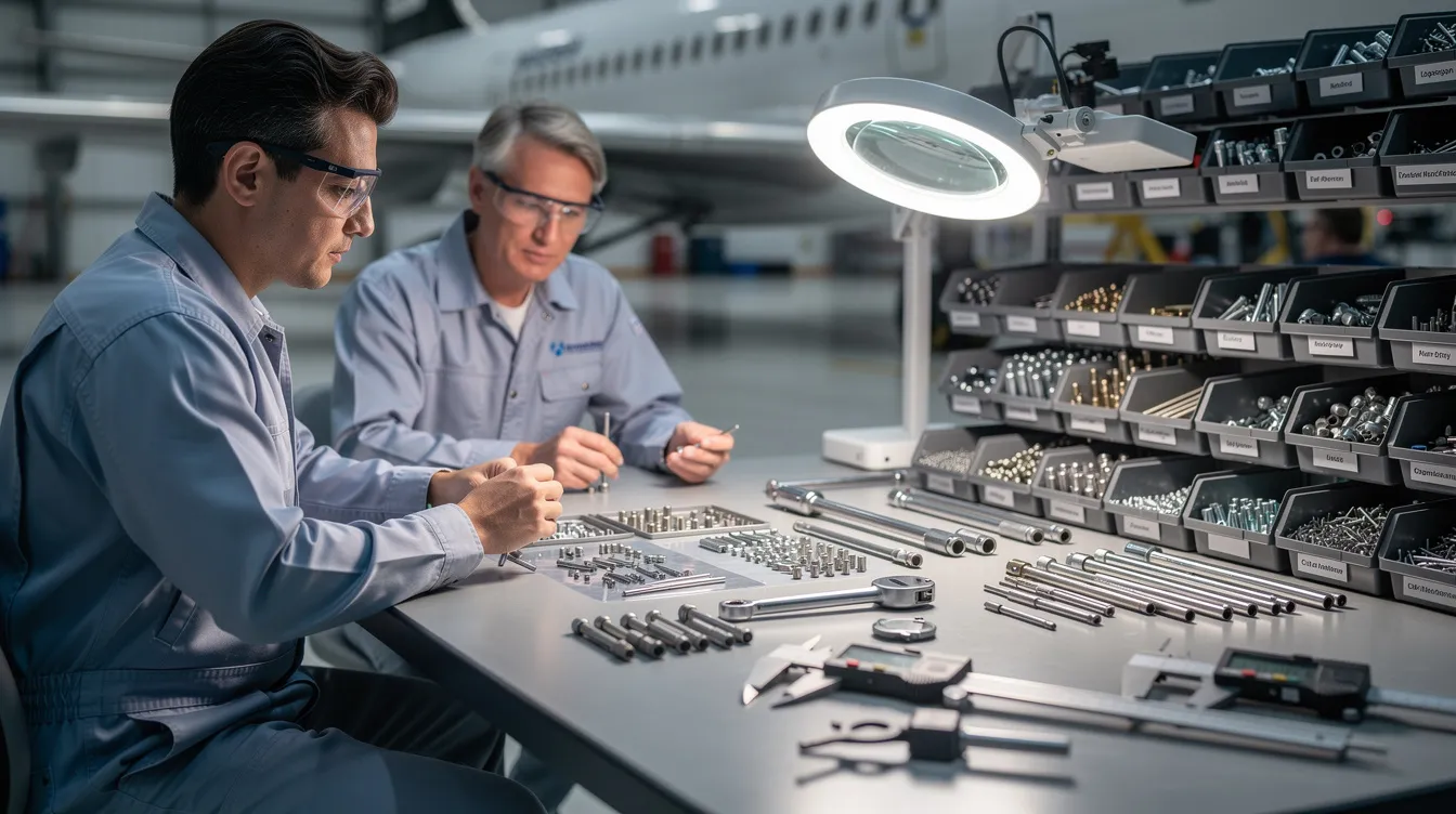 Technicians are gathered around an inspection bench, meticulously reviewing aircraft fasteners and precision tools as part of the quality control process in aerospace manufacturing. This collaborative effort highlights important quality system elements and the commitment to continuous improvement and risk management.