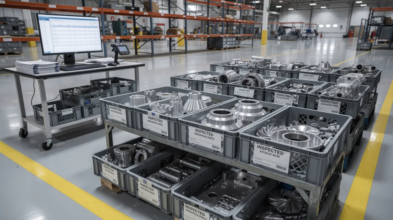 The image depicts a supplier receiving area filled with inspected aerospace parts stored in clearly labeled containers, highlighting the importance of the quality control process and supply chain management in aerospace manufacturing. This organized setup reflects a robust process for managing quality issues and ensuring compliance with customer requirements.