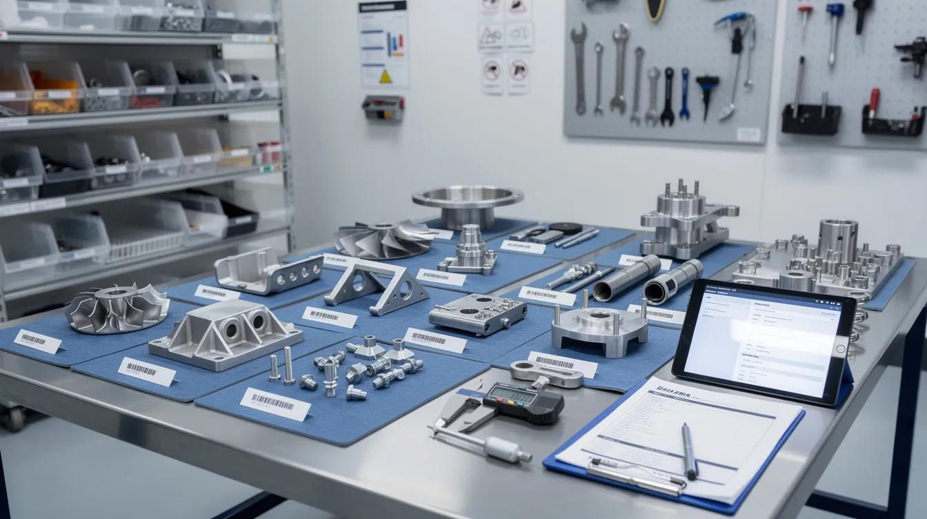 The image depicts aerospace parts meticulously arranged in a clean industrial workspace, ready for receiving inspection to ensure compliance with quality standards. This setup emphasizes the importance of quality management systems and the need for relevant documentation to verify the acceptance criteria and prevent nonconformance.