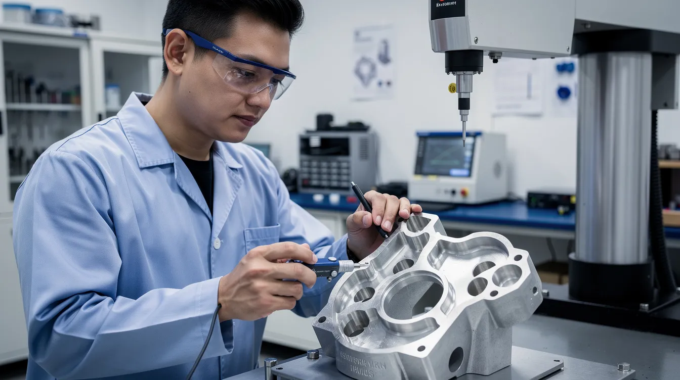 A technician is carefully measuring a machined aerospace part using precision equipment, ensuring adherence to quality standards and regulatory compliance. This process is essential for identifying any non conformities and implementing corrective actions to maintain service quality and continuous improvement.