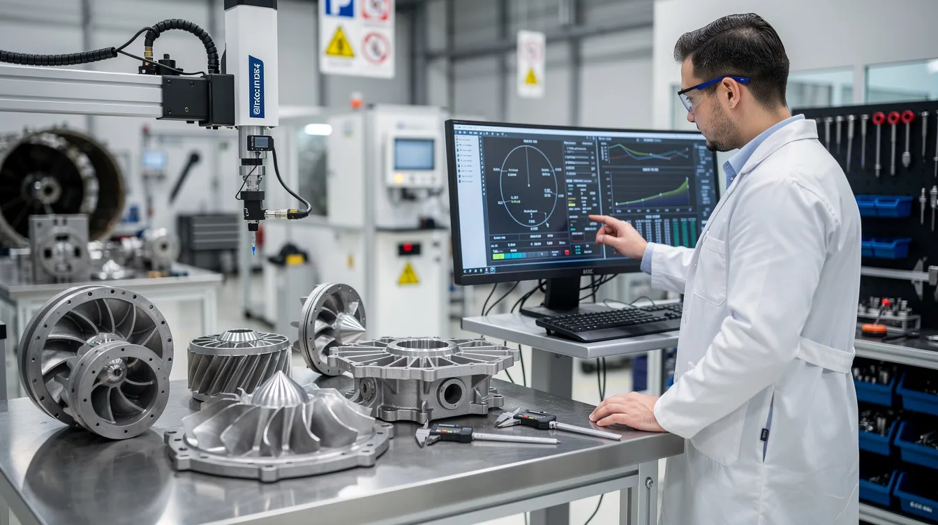 A quality engineer is reviewing precision inspection results next to aerospace components, focusing on quality management systems and ensuring compliance with specified quality standards. The engineer analyzes data to address quality issues and implement corrective actions, contributing to continuous improvement in the supply chain.