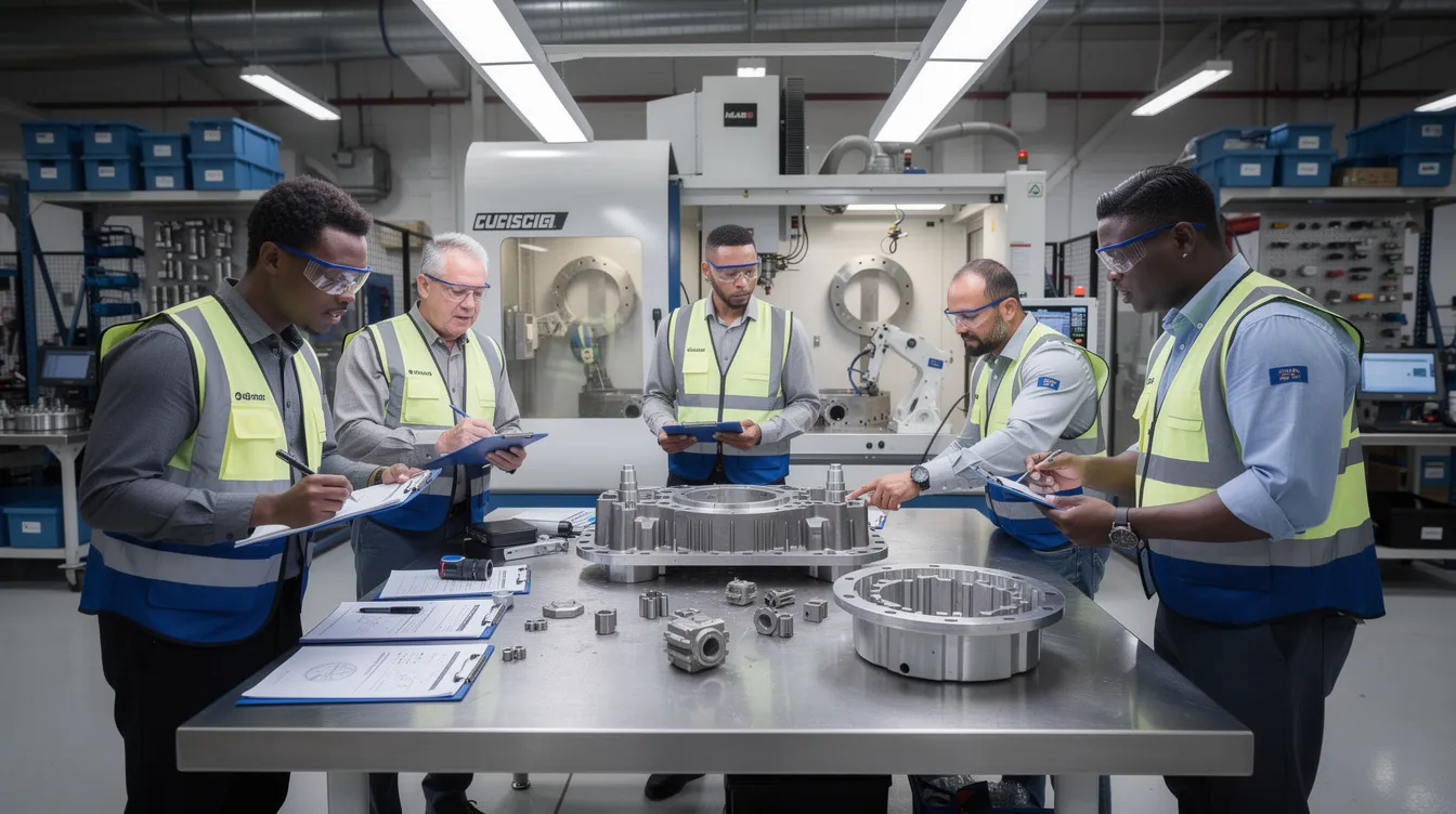 An aerospace production team is gathered in a factory setting, reviewing components and inspection records, focusing on quality management systems and ensuring compliance with specified quality standards. They are engaged in discussions about non conformance reports and corrective actions to address quality issues and improve product quality.