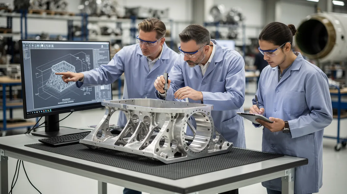 An aerospace assembly team is gathered around a workstation, reviewing a component to ensure quality and precision in their manufacturing processes. The scene reflects the integration of manufacturing execution systems (MES) and enterprise resource planning (ERP) systems, highlighting the importance of production efficiency and quality management in the aerospace industry.