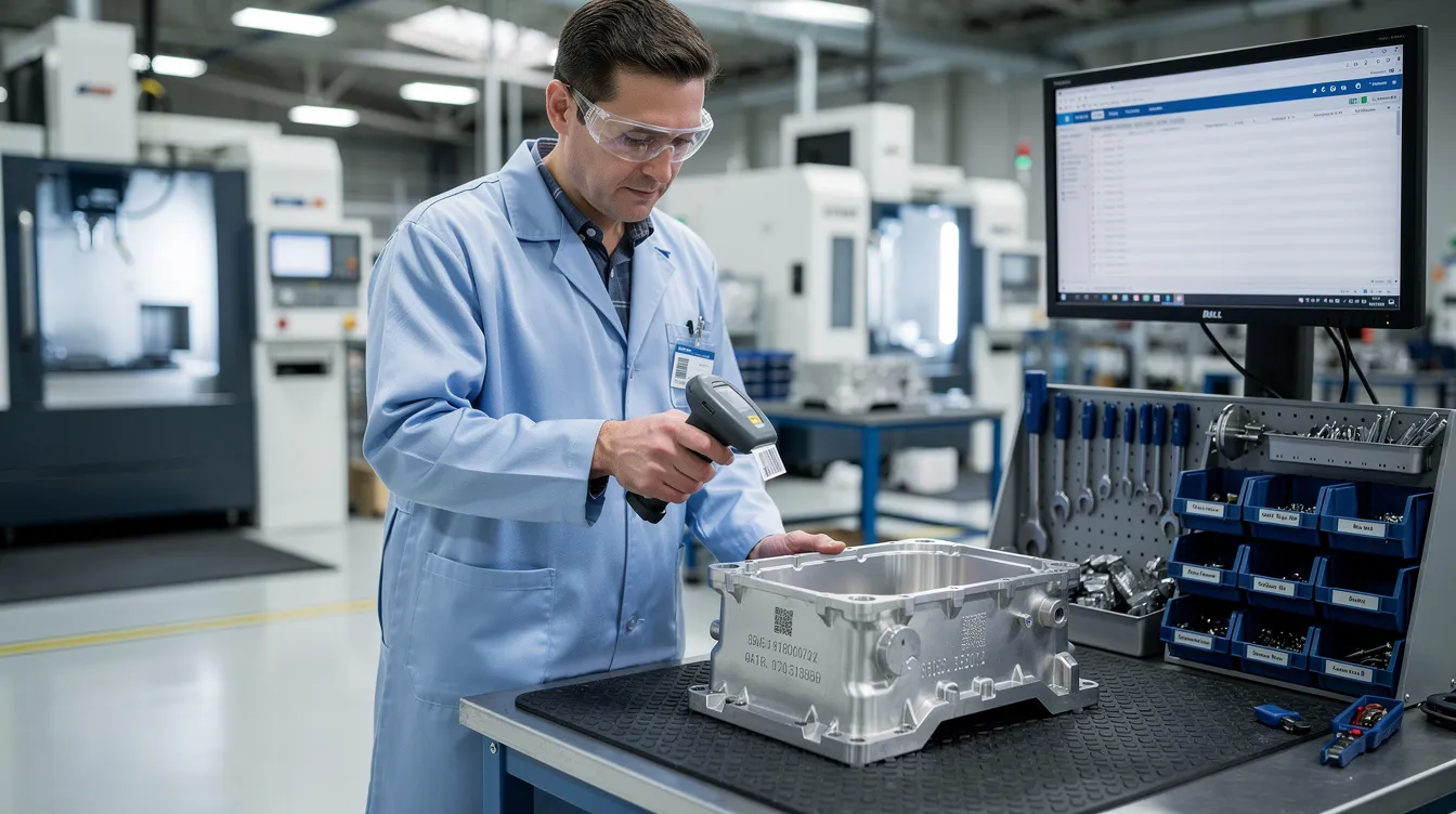 A technician is scanning a serialized aerospace part at a workstation, utilizing a manufacturing execution system to ensure accurate production data and enhance efficiency in the manufacturing operations. The scene highlights the integration of advanced technologies in the aerospace industry to optimize production processes and inventory management.