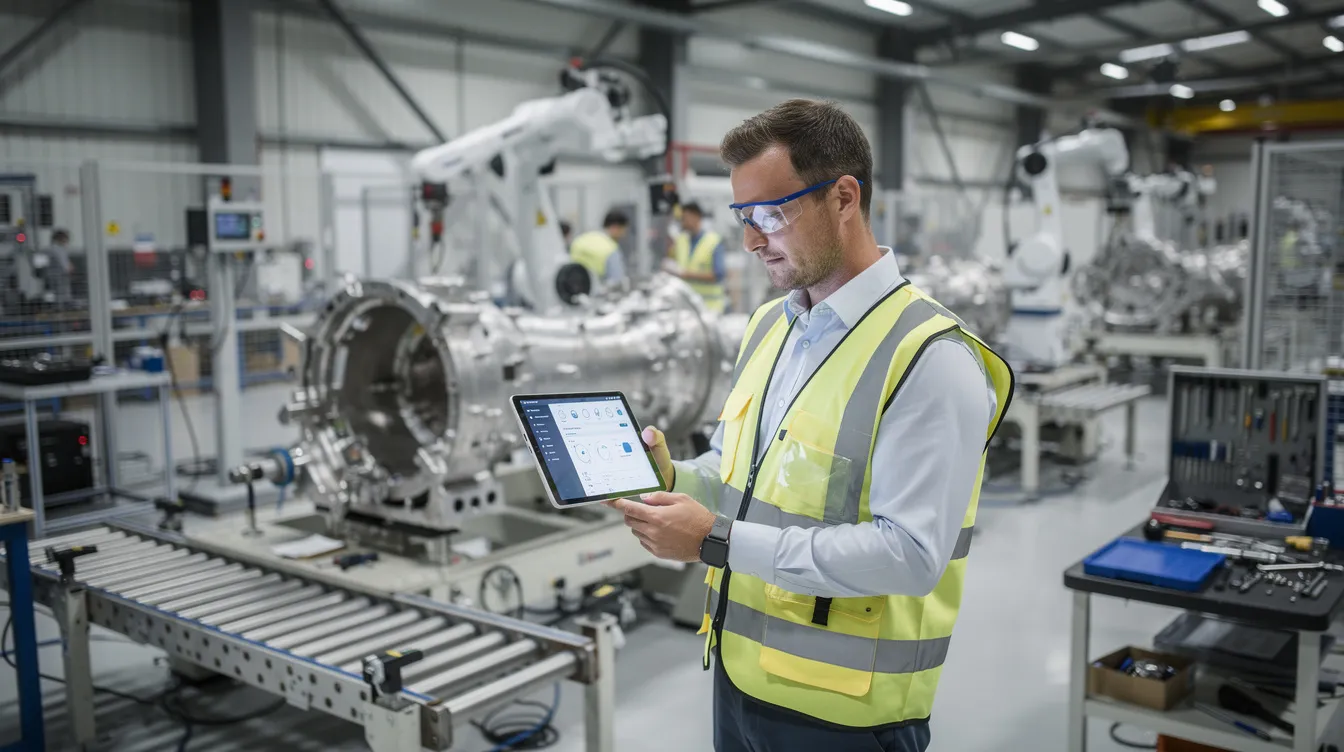 An industrial operations manager is standing near aerospace component assembly stations, reviewing complex production data on a tablet device. The scene highlights the use of manufacturing analytics software to monitor key performance indicators and improve operational efficiency in the manufacturing industry.