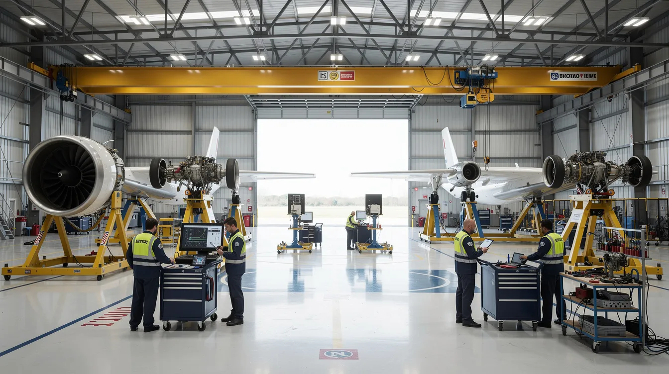 The image depicts a spacious modern aerospace maintenance hangar filled with aircraft components on work stands, where technicians are actively collaborating on various tasks. This environment highlights the importance of real-time data insights and key performance indicators in the manufacturing industry to enhance operational efficiency and improve production processes.