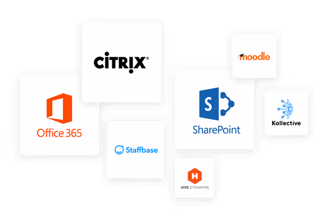 Logos of software and platform brands including Citrix, Office 365, Staffbase, SharePoint, Moodle, Kollective, and Hive Streaming on white squares with shadows.