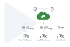 Diagram showing high-quality content delivery with eCDN local storage connected to main office network and remote eCDN local storage connected to branch office network, both linked to a cloud media platform delivering VoD and live content, which also connects to CDN for public networks.
