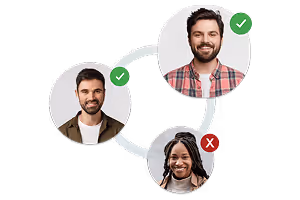 Three smiling people connected by lines: two men with green check marks and one woman with a red X mark.