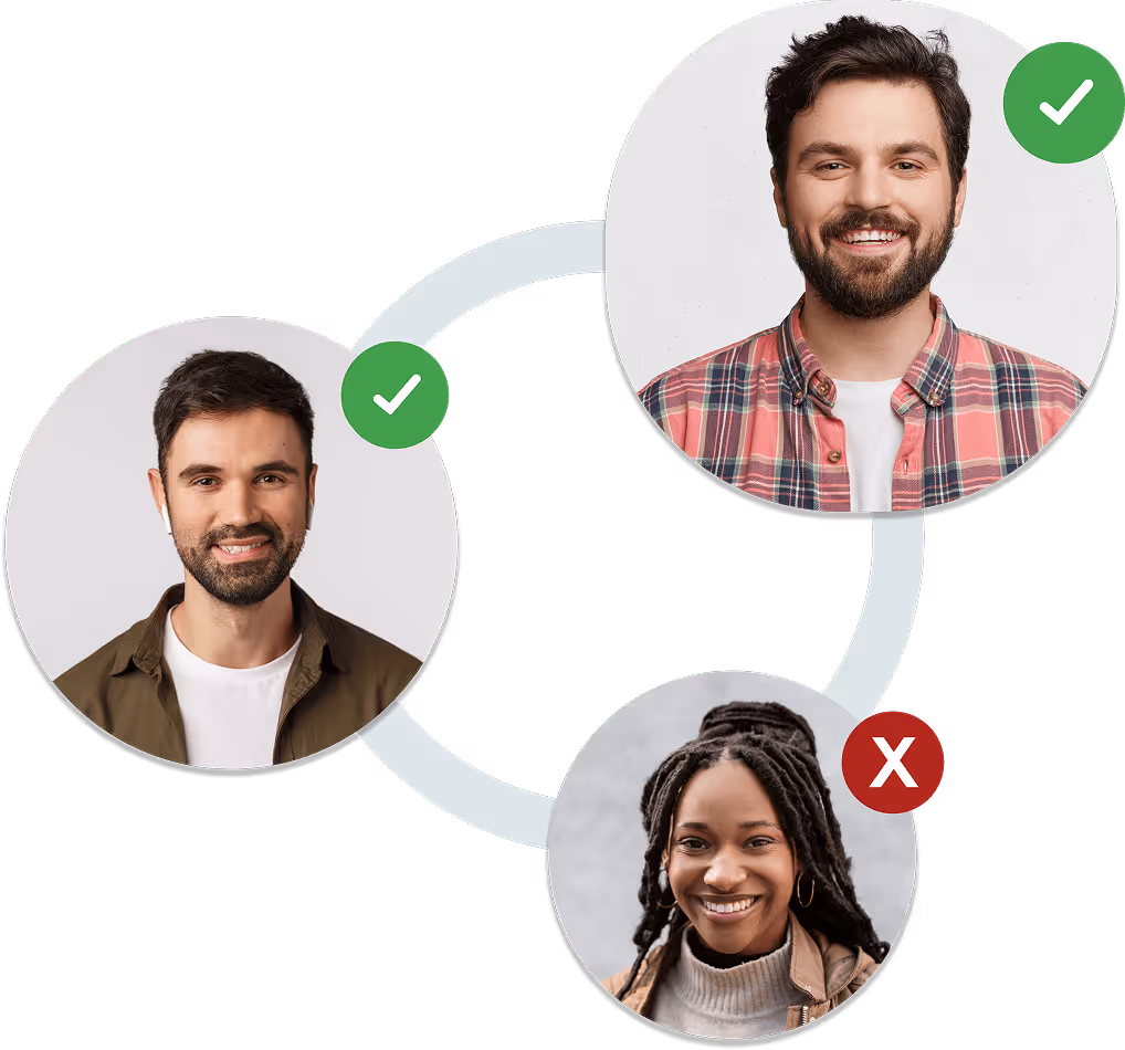 Three smiling people connected by lines: two men with green check marks and one woman with a red X mark.