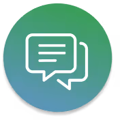 Two overlapping speech bubbles icon on a green and blue gradient circle background.