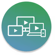 Icons of desktop, laptop, tablet, and smartphone connected, each with a play button on screen.