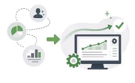 Icons of charts and user linked by arrows to a computer screen showing rising graph and settings gear.