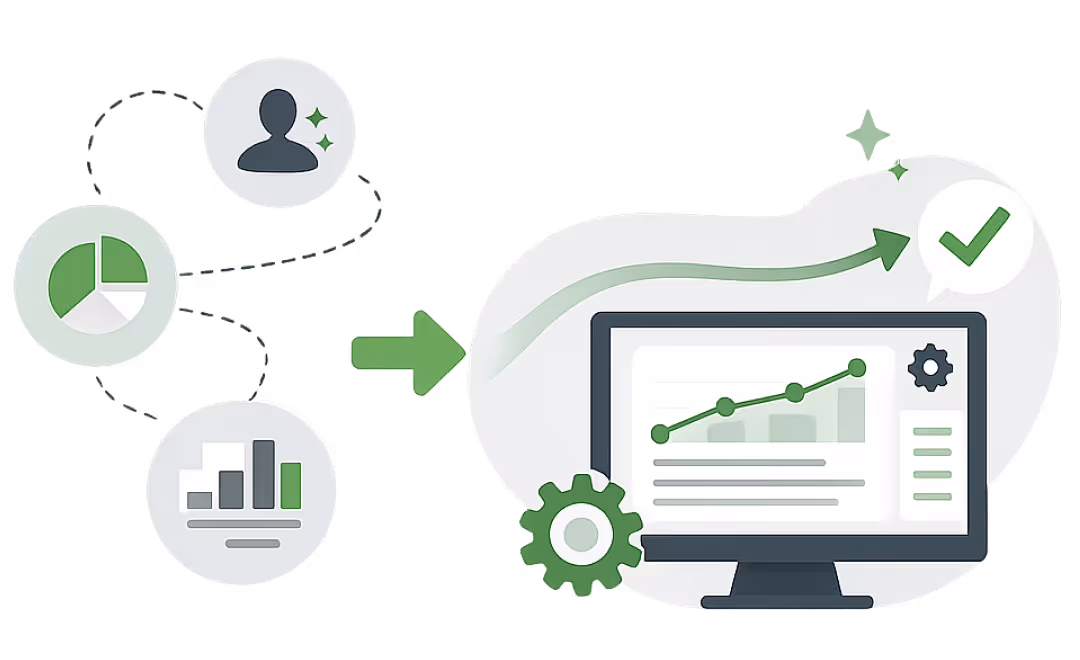 Icons of charts and user linked by arrows to a computer screen showing rising graph and settings gear.