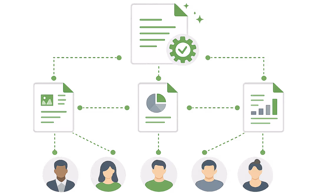 Document flowchart showing five documents connected to five diverse people icons below.