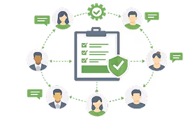 Clipboard with checklist and shield icon connected by arrows to six diverse people with messaging icons.