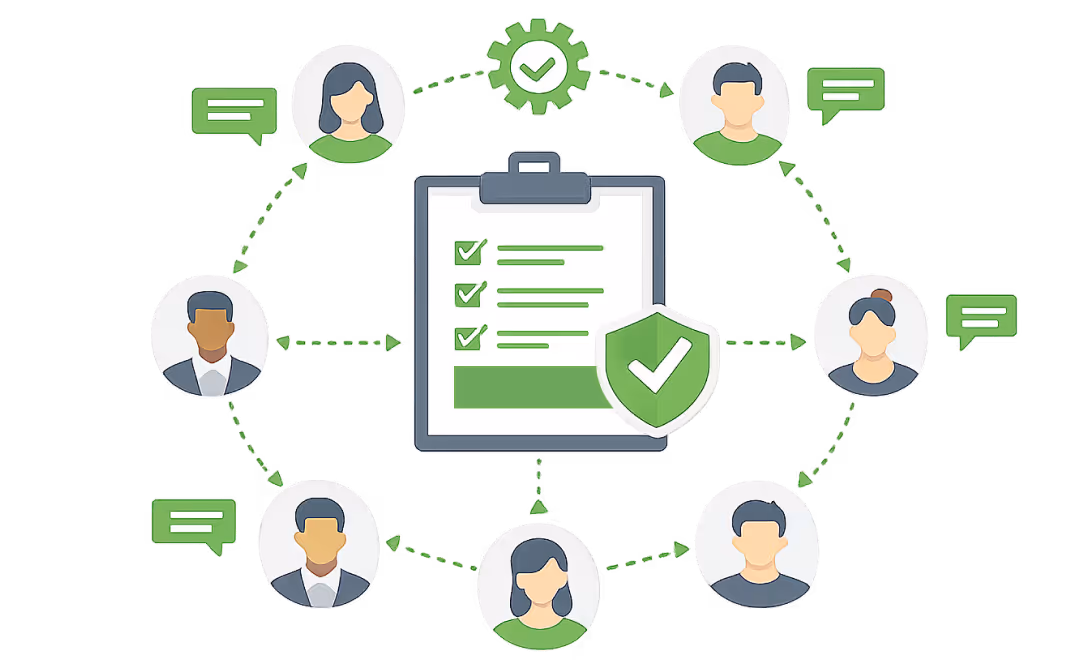 Clipboard with checklist and shield icon connected by arrows to six diverse people with messaging icons.
