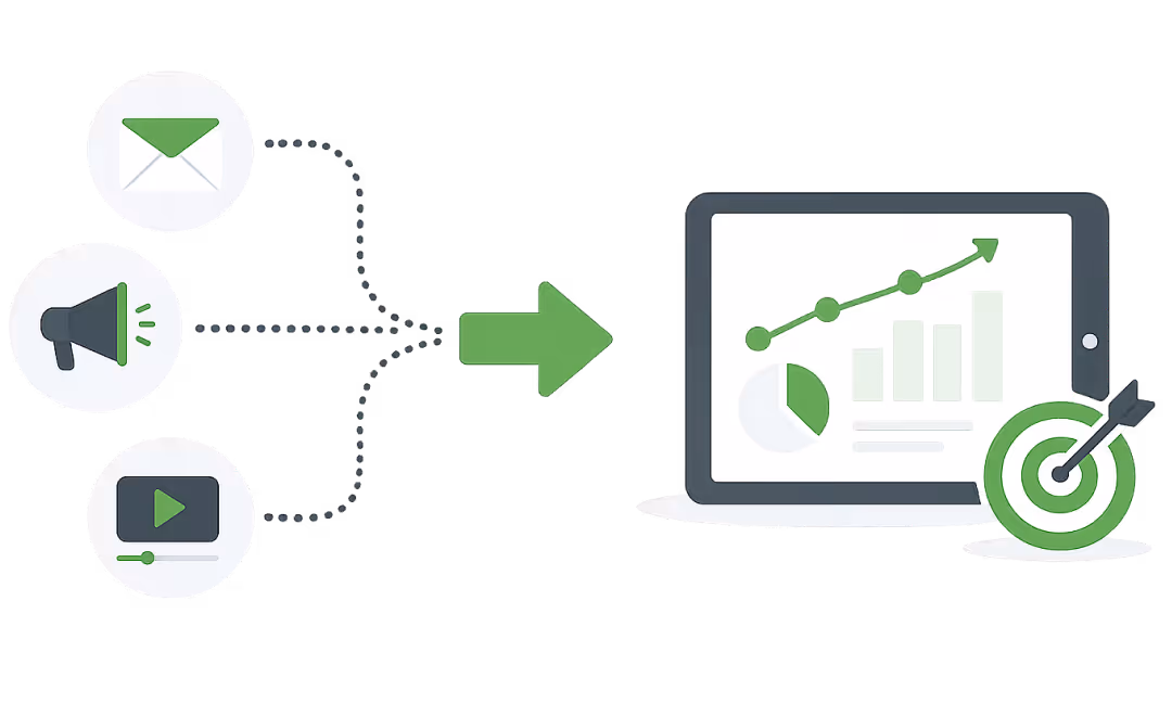 Icons for email, announcements, and video lead to a tablet showing growth charts and a target with a dart.