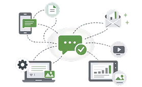 Green chat bubble with checkmark connected to icons of phone, email, laptop, tablet, media, and document.