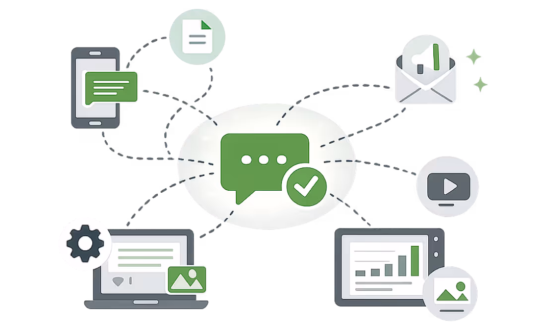 Green chat bubble with checkmark connected to icons of phone, email, laptop, tablet, media, and document.