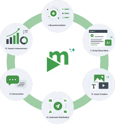 Circular diagram of movingimage's six-step AI workflow for corporate communications: I. Recommendation, II. Script Generation, III. Asset Creation, IV. Automatic Distribution, V. Conversation, VI. Impact Measurement.