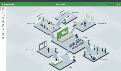 Isometric layout of a virtual event with labeled zones: workshop, info, lobby, main stage, sponsors, and networking.