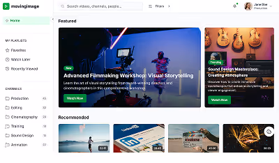 Movingimage platform interface showing video categories like workshops and sound design tutorials.