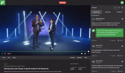 Two presenters on stage during a live UX research webinar with chat messages on the right side.