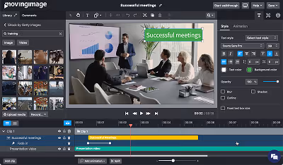 Video editing software showing a business meeting with a presenter and attendees in a conference room.