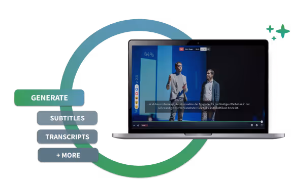 Laptop screen showing two men presenting with subtitles, surrounded by buttons labeled generate, subtitles, transcripts.