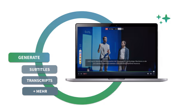 Laptop showing video with subtitles and options to generate subtitles, transcripts, and more.