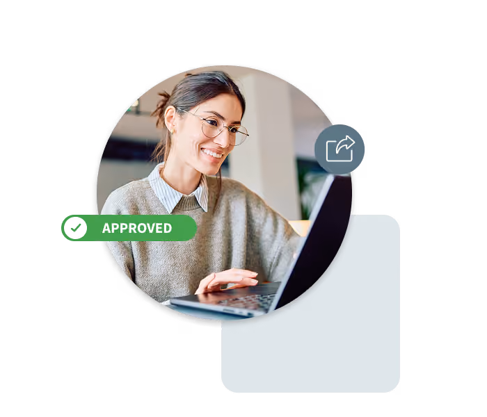 Approve and move forward Smiling woman in glasses using a laptop with an approved checkmark overlay.
