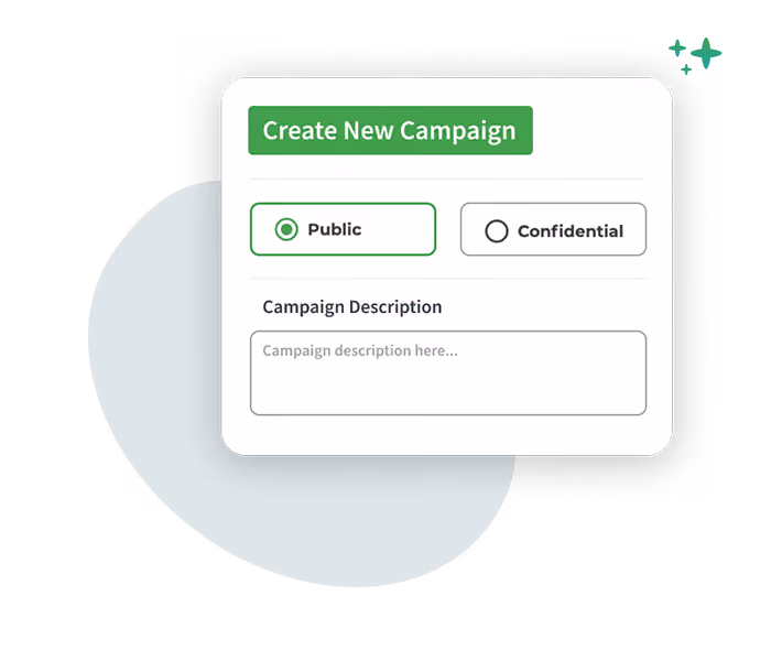 Set up your campaign Interface for creating a new campaign with public or confidential options and a description box.