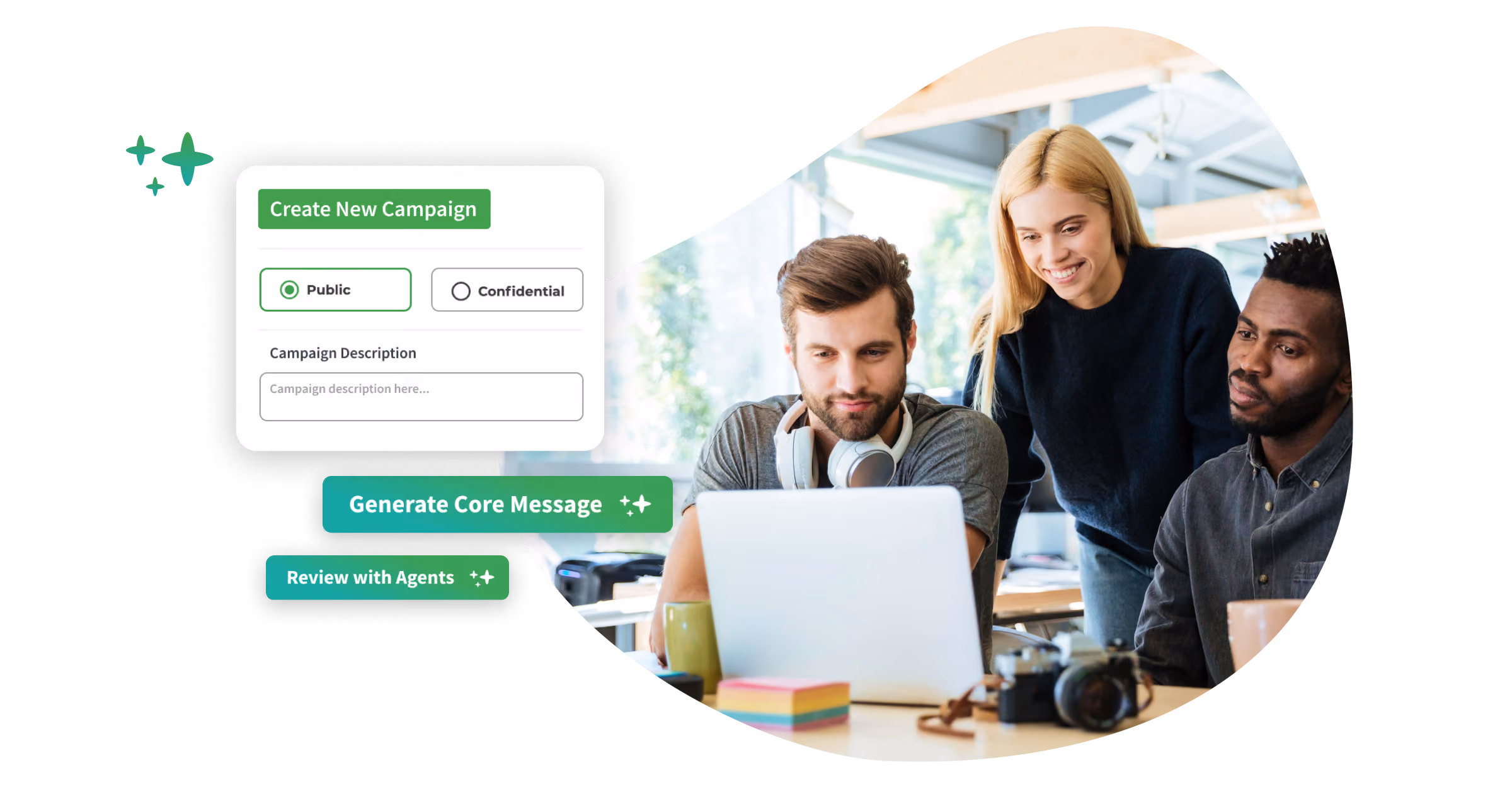 Corporate Communications – intelligently orchestrated Communications team setting up a campaign in OneComms Pro and generating a core message for agent review