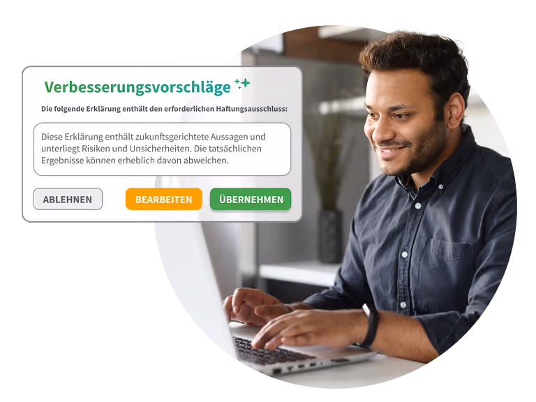 Kontrolle bleibt bei Ihrem Team Verbesserungsvorschlag der KI in OneComms Pro annehmen, bearbeiten oder ablehnen