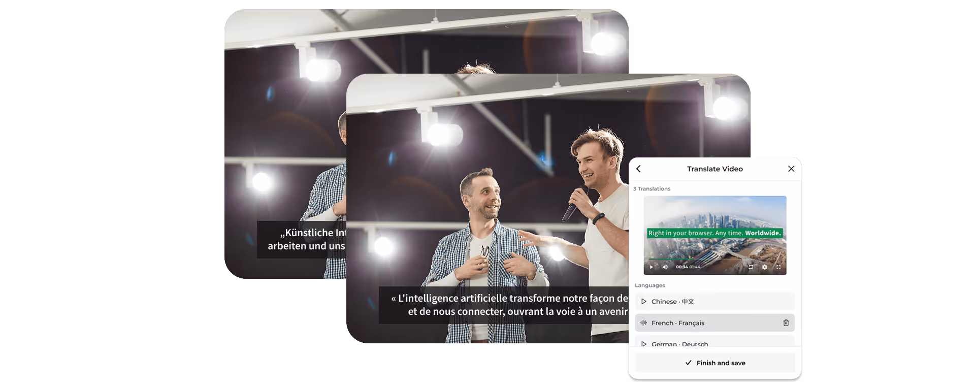 KI-gestützte Audioübersetzung in mehrere Sprachen – automatische Spracherkennung und Synchronisation.